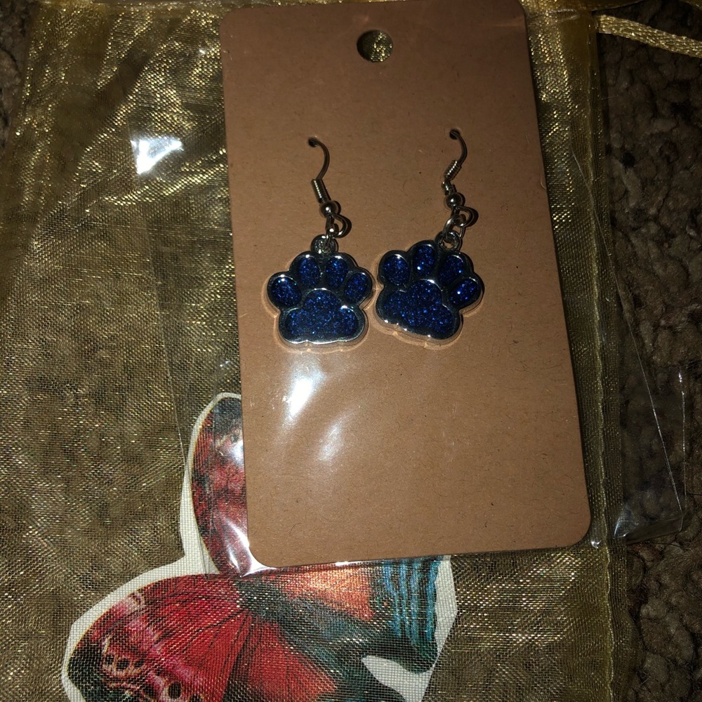 Blue sparkly paw print earrings